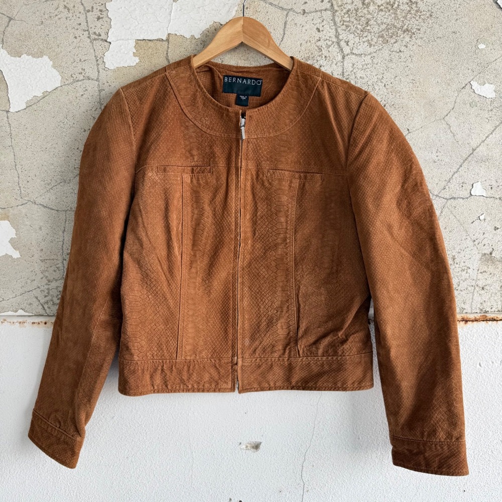 Suede Jacket Snakeskin Textured Cropped Cognac Leather Moto Bernardo Womens L
